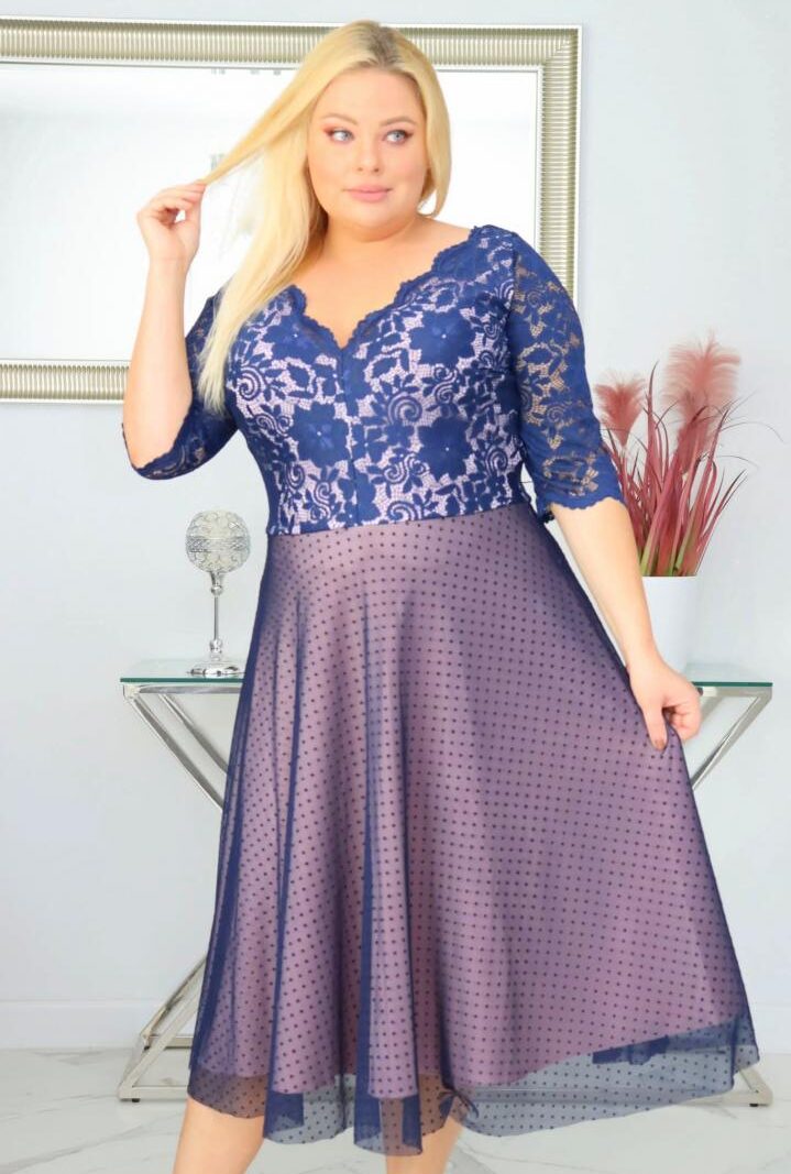 Sukienka Pisla rozkloszowana elastyczna koronka koło z tiulu granatowa z pudrowym różem
