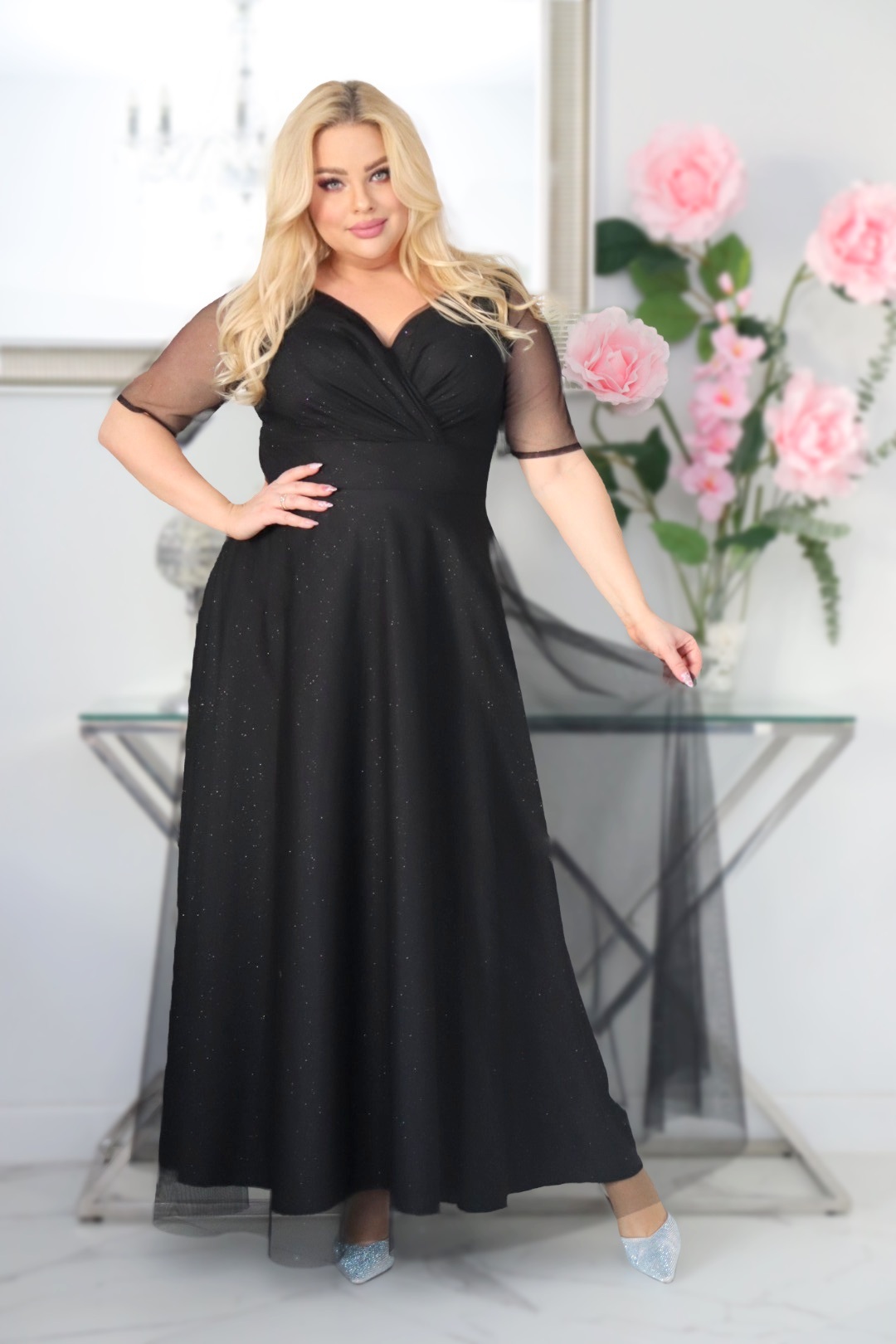 Sukienka Zanzilla z brokatowym tiulem kopertowy dekolt czarna - obrazek 3