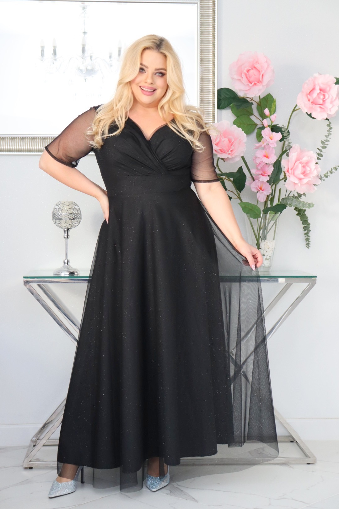 Sukienka Zanzilla z brokatowym tiulem kopertowy dekolt czarna - obrazek 4