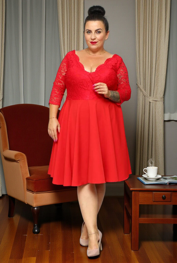 Sukienka Daniella rozkloszowana ekskluzywna kopertowy dekolt koronka czerwona kwiatki