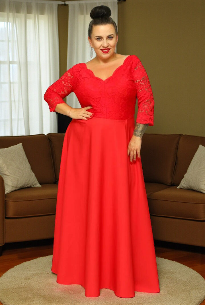 Sukienka Caterina maxi wieczorowa rozkloszowana ekskluzywna dekolt serek czerwona koronka kwiatki