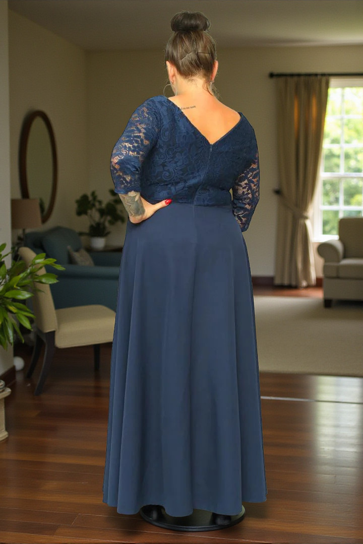 Sukienka Caterina maxi wieczorowa rozkloszowana ekskluzywna dekolt serek koronka granat kwiatki - obrazek 3