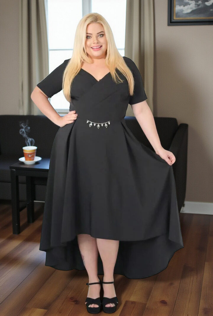 Sukienka Blanca asymetryczna rozkloszowana kopertowy dekolt ozdoba czarna