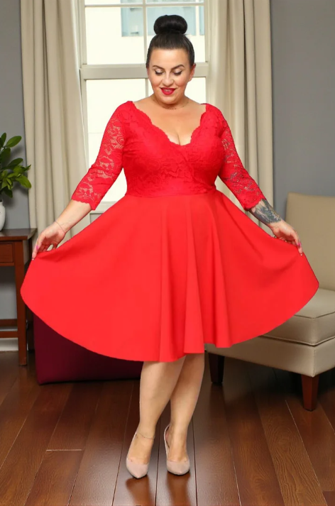 Sukienka Daniella rozkloszowana ekskluzywna kopertowy dekolt koronka czerwona kwiatki