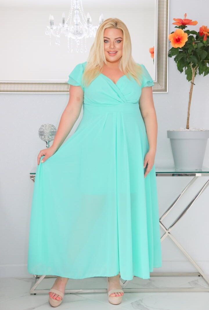 Sukienka Milos rozkloszowana zwiewna z szyfonu kopertowy dekolt miętowa
