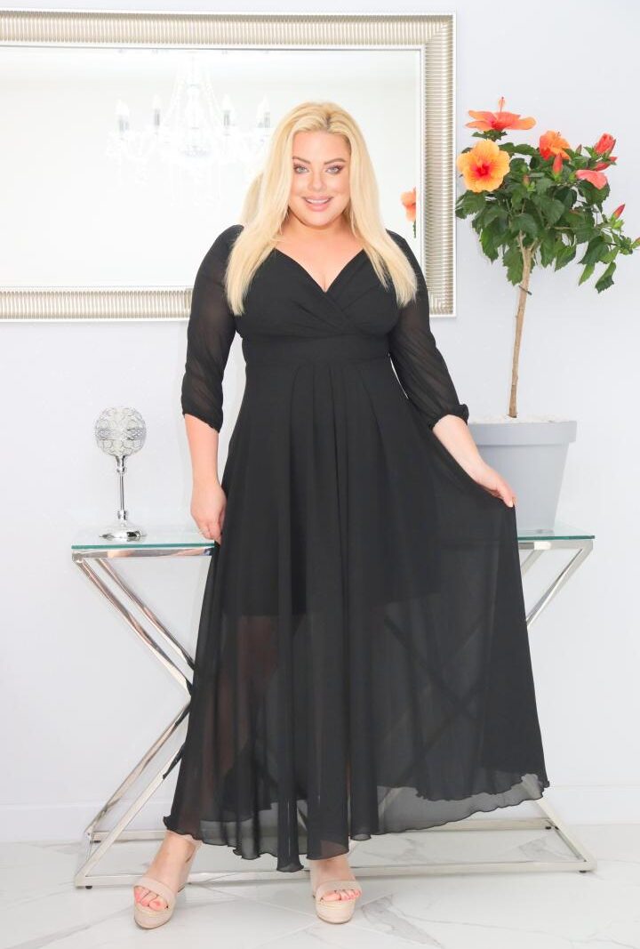 Sukienka Milos rozkloszowana zwiewna z szyfonu kopertowy dekolt czarna