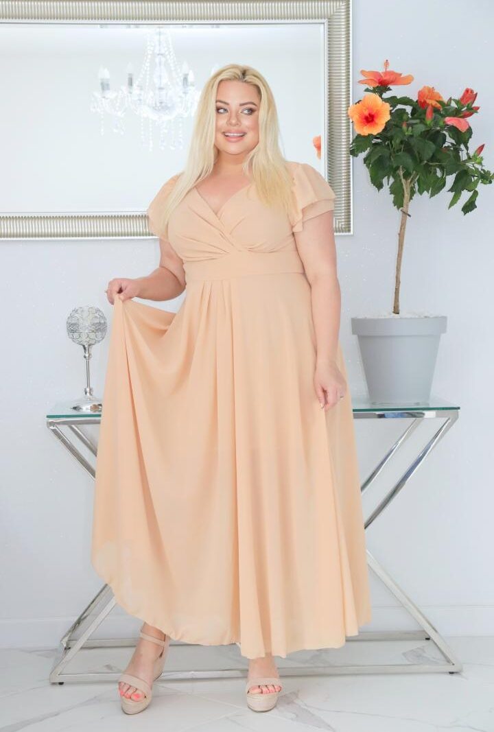 Sukienka Milos rozkloszowana zwiewna z szyfonu kopertowy dekolt nude