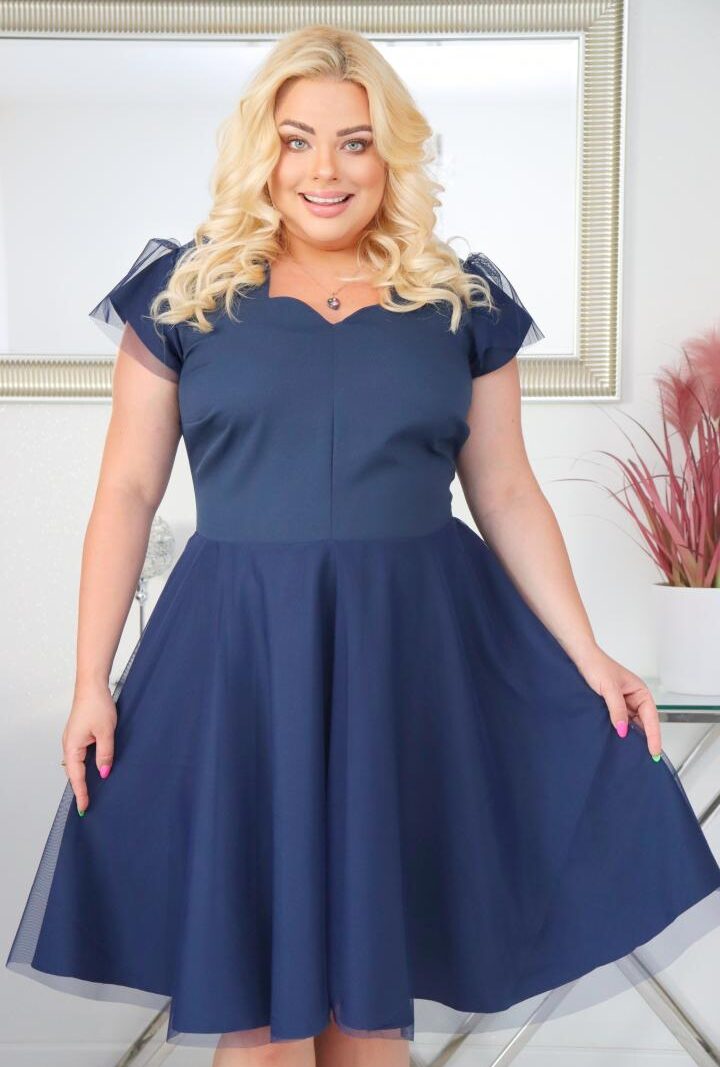 Sukienka Beti rozkloszowana z tiulowym dołem granatowa