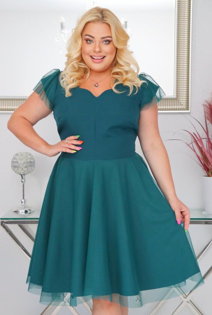 Sukienka Beti rozkloszowana z tiulowym dołem butelkowa zieleń