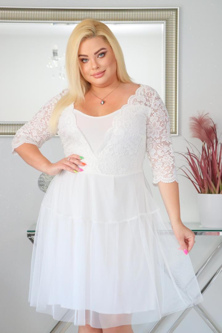 Sukienka Adriana rozkloszowana z tiulu z kopertowym dekoltem i koronkową górą biała - obrazek 4