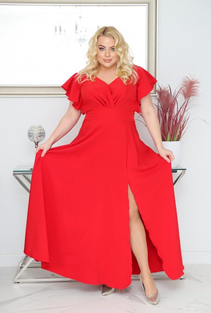 Sukienka Colette rozkloszowana kopertowy dekolt - Zanim kupisz, zobacz film, który pokazuje jak pięknie się układa. CZERWONA