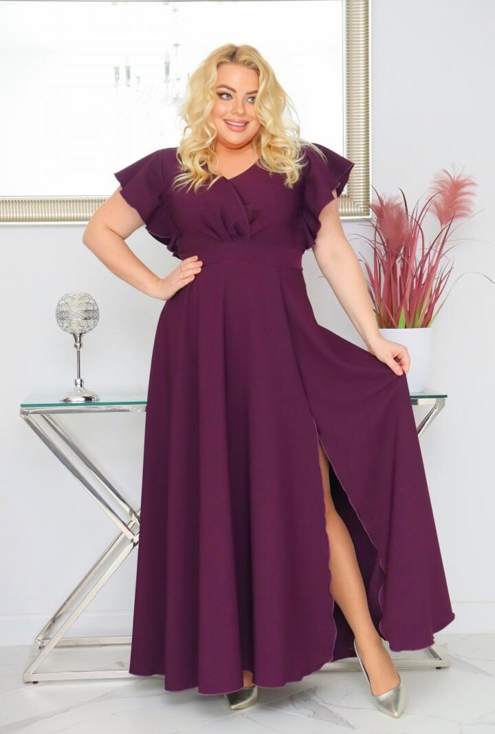 Sukienka Colette rozkloszowana kopertowy dekolt - Zanim kupisz, zobacz film, który pokazuje jak pięknie się układa. ŚLIWKA