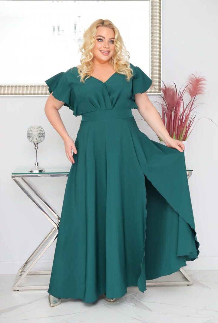 Sukienka Colette rozkloszowana kopertowy dekolt - Zanim kupisz, zobacz film, który pokazuje jak pięknie się układa. BUTELKOWA ZIELEŃ