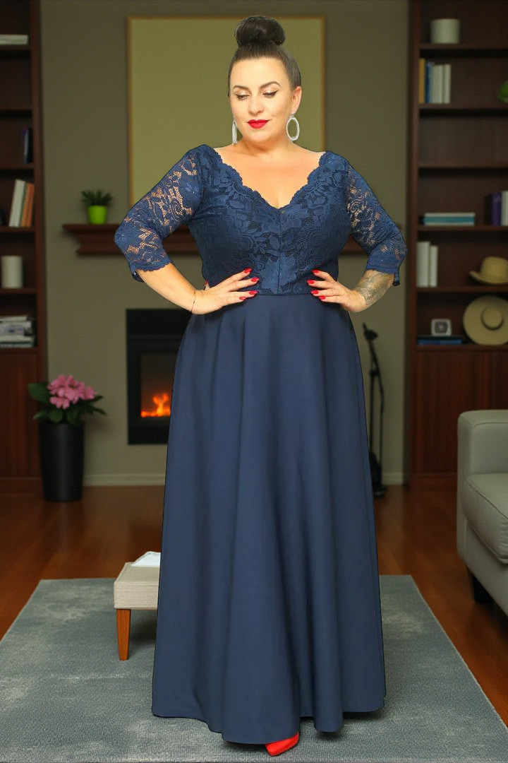 Sukienka Caterina maxi wieczorowa rozkloszowana ekskluzywna dekolt serek koronka granat kwiatki - obrazek 4