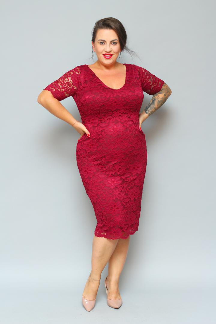 Sukienka Laura ołówkowa koronkowa dekolt V bordo kwiatki