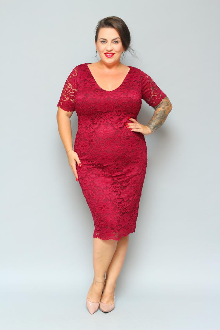 Sukienka Laura ołówkowa koronkowa dekolt V bordo kwiatki - obrazek 4