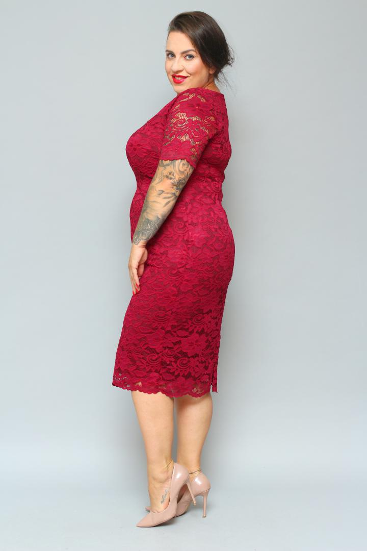 Sukienka Laura ołówkowa koronkowa dekolt V bordo kwiatki - obrazek 5