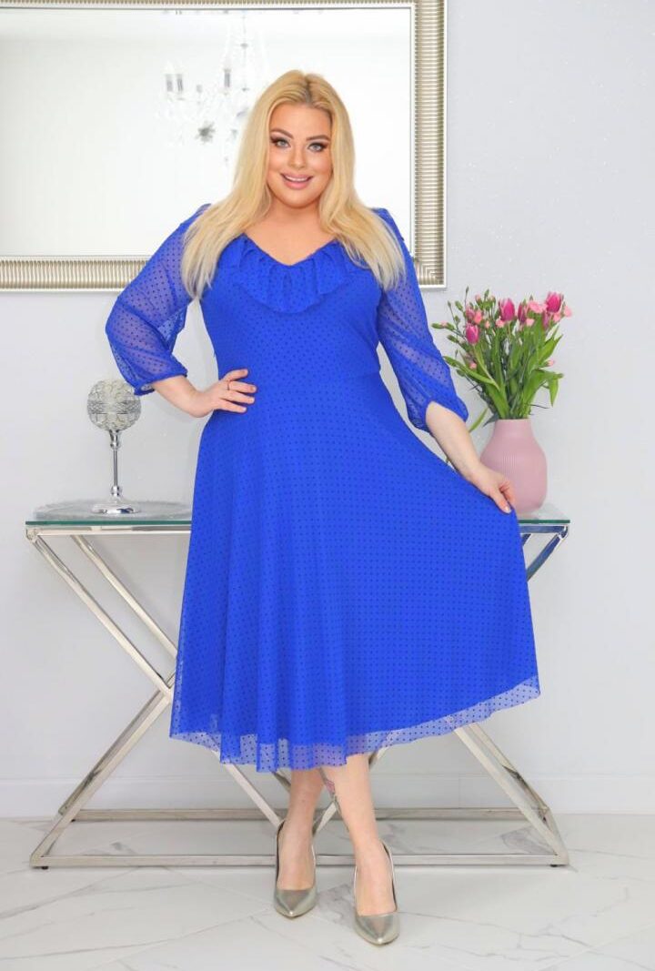 Sukienka Fabiola lekka zwiewna rozkloszowana tiulowa w groszki chabrowa