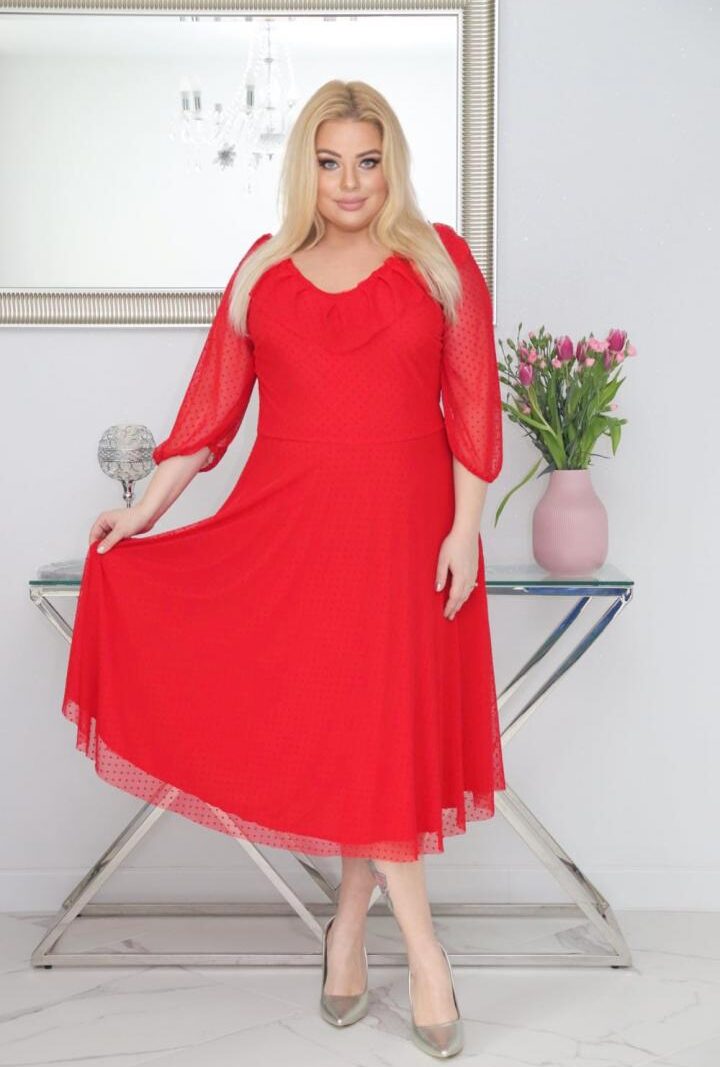 Sukienka Fabiola lekka zwiewna rozkloszowana tiulowa w groszki czerwona