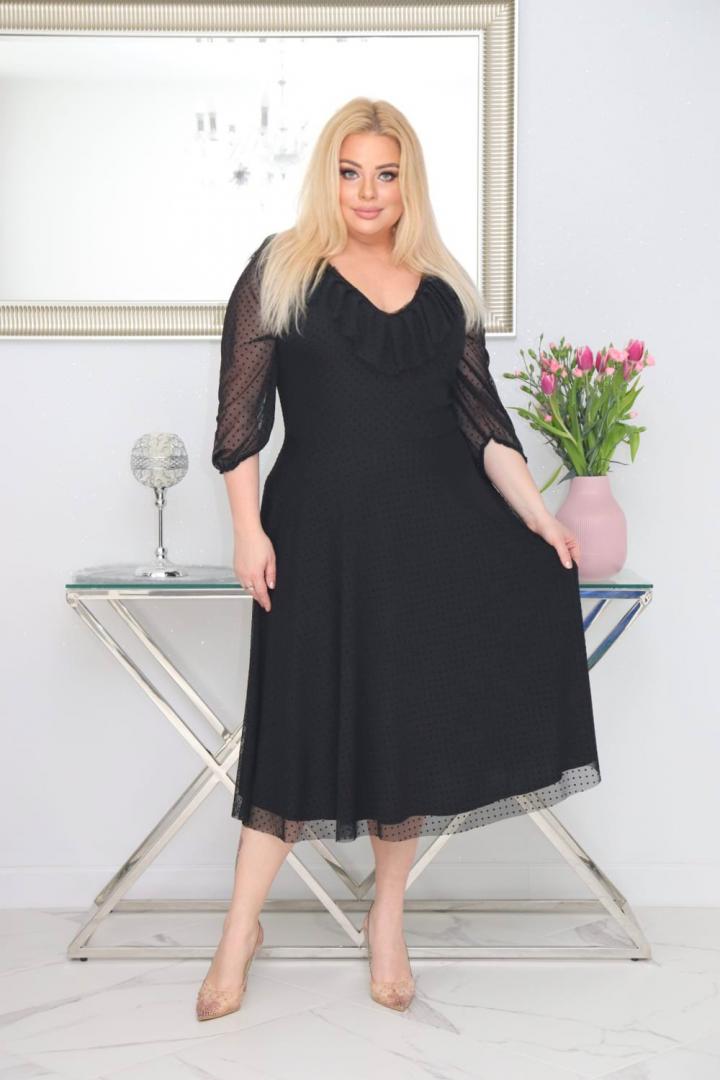 Sukienka Fabiola lekka zwiewna rozkloszowana tiulowa w groszki czarna