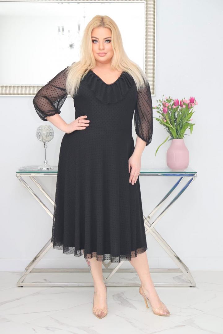 Sukienka Fabiola lekka zwiewna rozkloszowana tiulowa w groszki czarna - obrazek 3