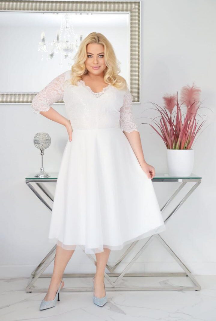 Sukienka Ariana rozkloszowana elastyczna koronka koło z tiulu biała