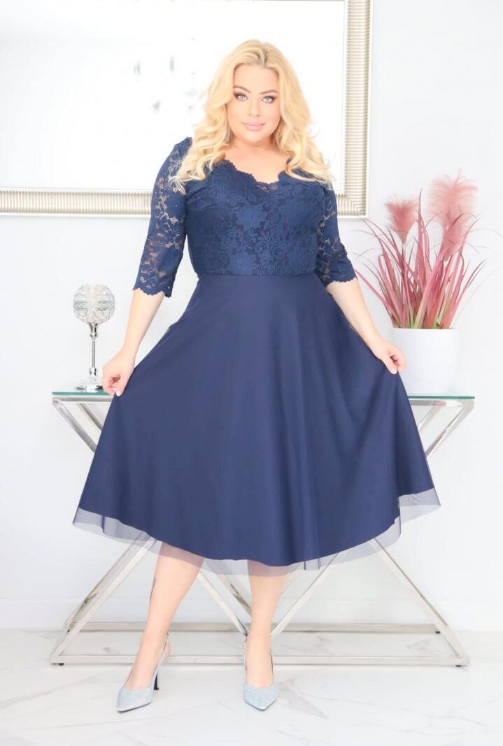 Sukienka Ariana rozkloszowana elastyczna koronka koło z tiulu granatowa