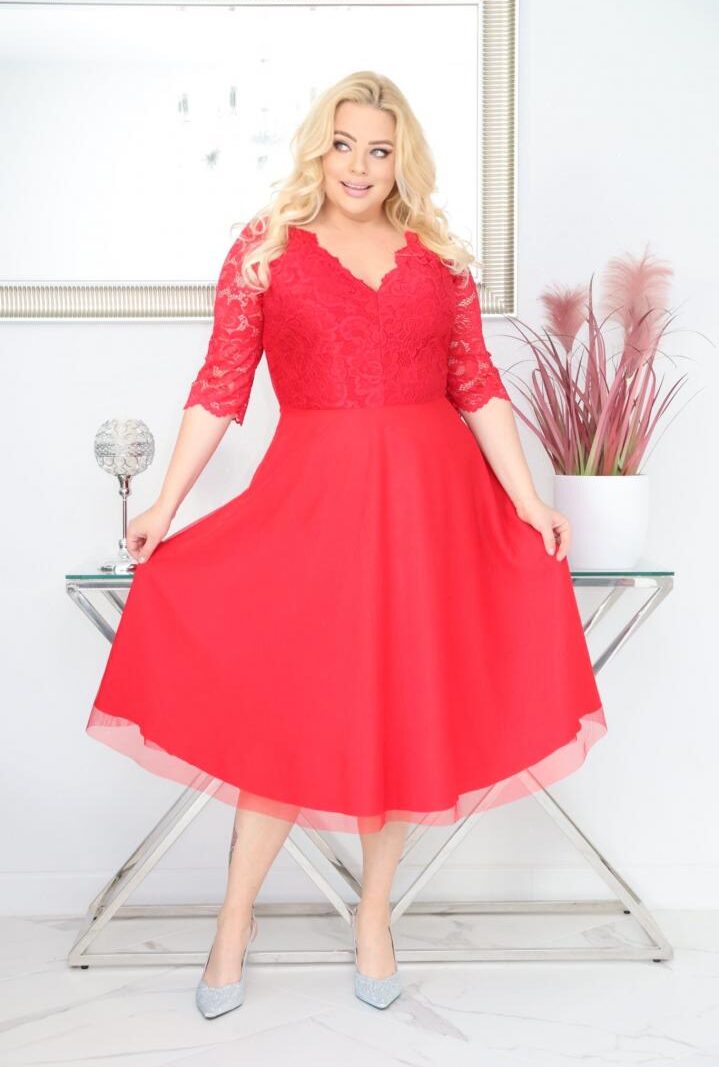 Sukienka Ariana rozkloszowana elastyczna koronka koło z tiulu czerwona