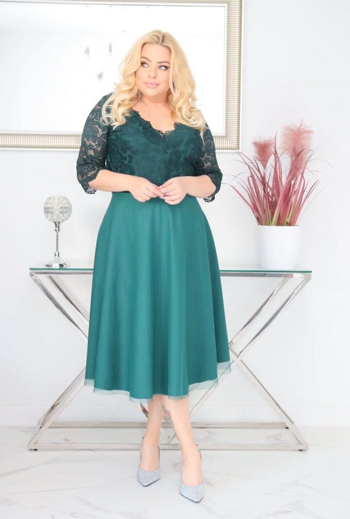 Sukienka Ariana rozkloszowana elastyczna koronka koło z tiulu butelkowa zieleń