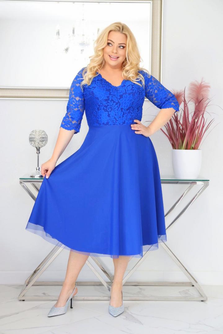 Sukienka Ariana rozkloszowana elastyczna koronka koło z tiulu chabrowa - obrazek 4