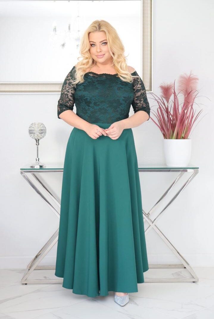 Sukienka Tamara maxi wieczorowa rozkloszowana ekskluzywna hiszpanka koronka gładka butelkowa zieleń