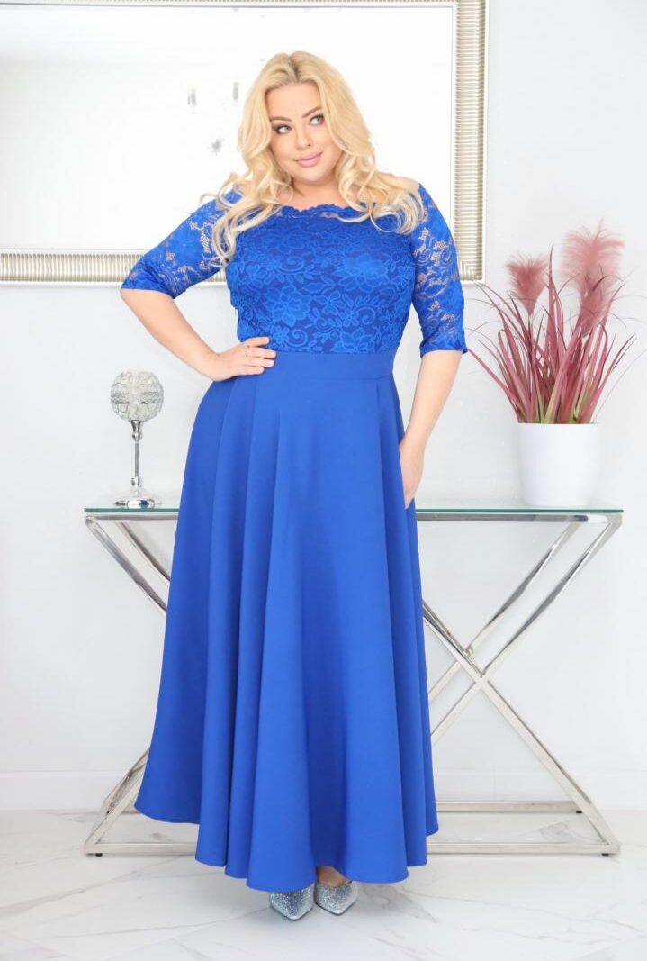 Sukienka Tamara maxi wieczorowa rozkloszowana ekskluzywna hiszpanka koronka gładka chabrowa