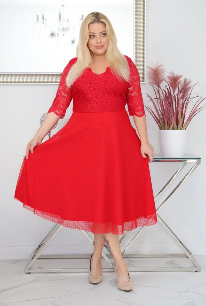 Sukienka Pisla rozkloszowana elastyczna koronka koło z tiulu czerwona