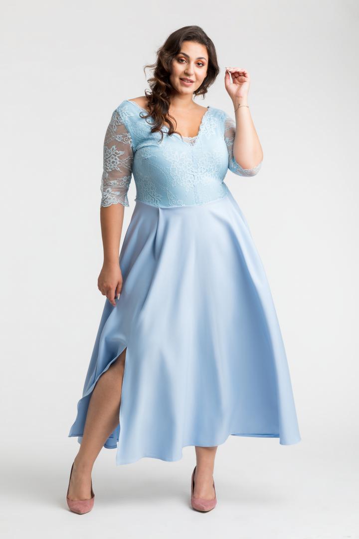 Sukienka Scarlett koktajlowa rozkloszowana ekskluzywna kopertowy dekolt koronka błękitna