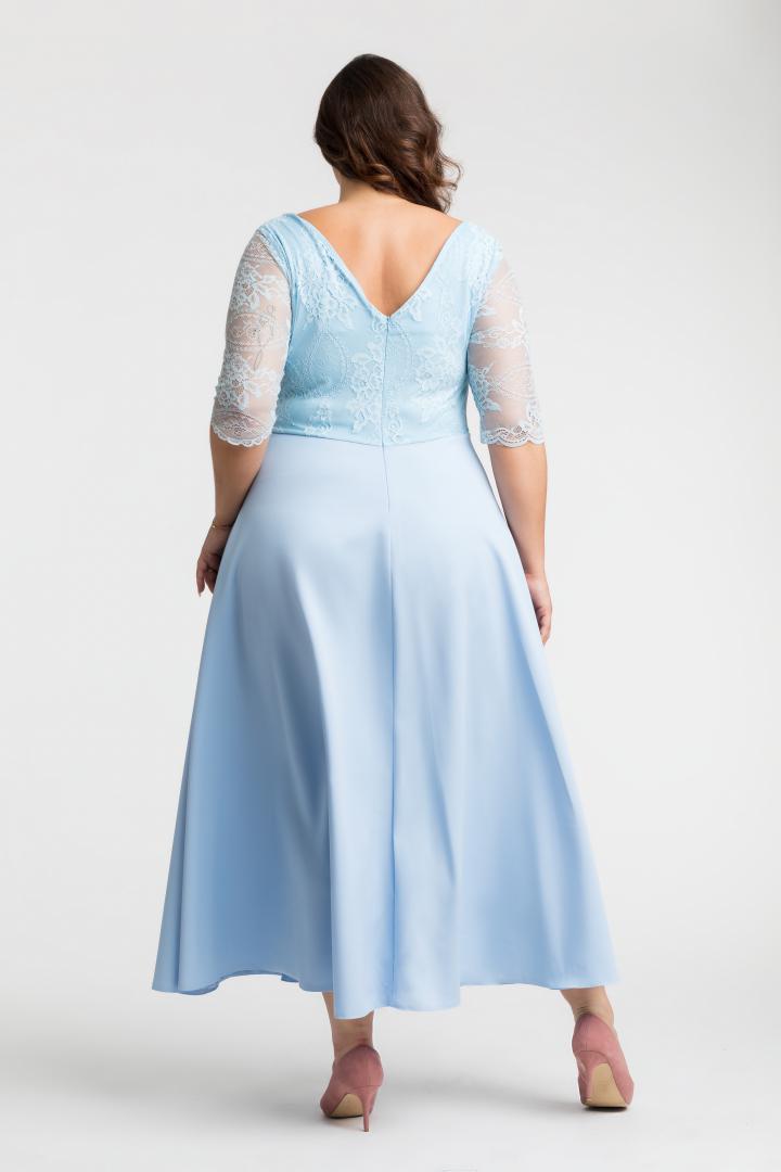 Sukienka Scarlett koktajlowa rozkloszowana ekskluzywna kopertowy dekolt koronka błękitna - obrazek 3