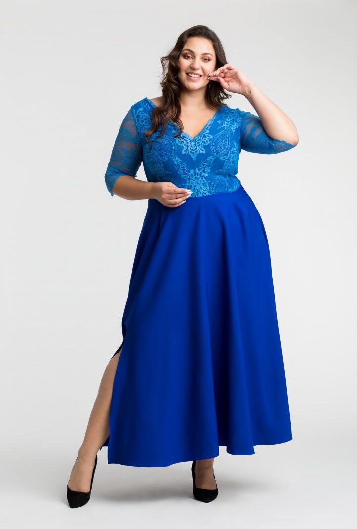 Sukienka Scarlett koktajlowa rozkloszowana ekskluzywna kopertowy dekolt koronka chabrowy