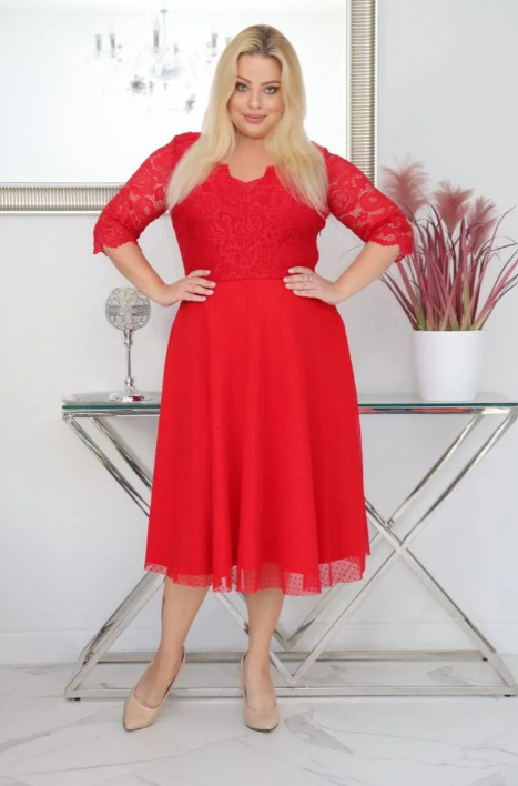 Sukienka Pisla rozkloszowana elastyczna koronka koło z tiulu czerwona