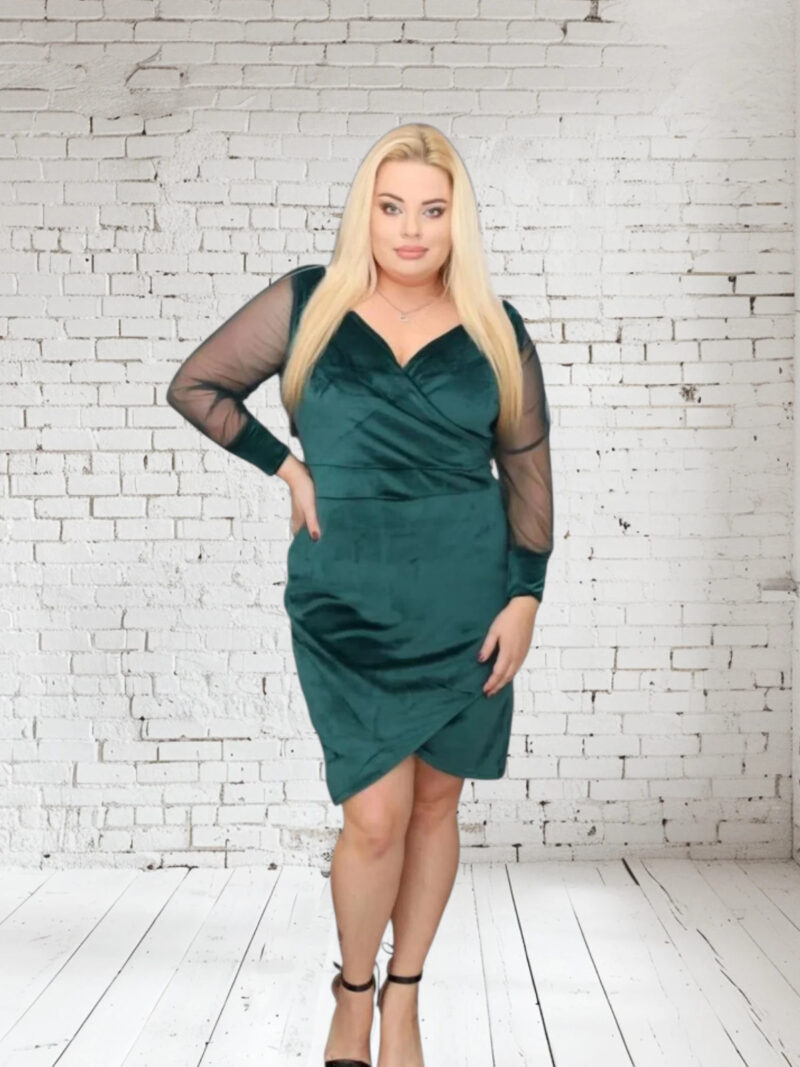 Sukienka Rubi kopertowy dekolt welurowa butelkowa zieleń