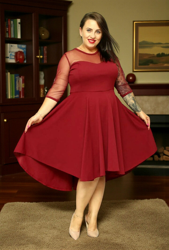 Sukienka Valentina rozkloszowana asymetryczna dekolt serce tiul bordo gładka