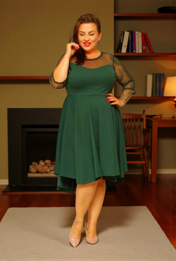 Sukienka Valentina rozkloszowana asymetryczna dekolt serce tiul butelkowa zieleń gładka