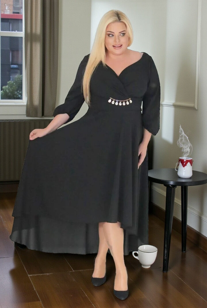 Sukienka Etna asymetryczna rozkloszowana kopertowy dekolt ozdoba szyfon czarna