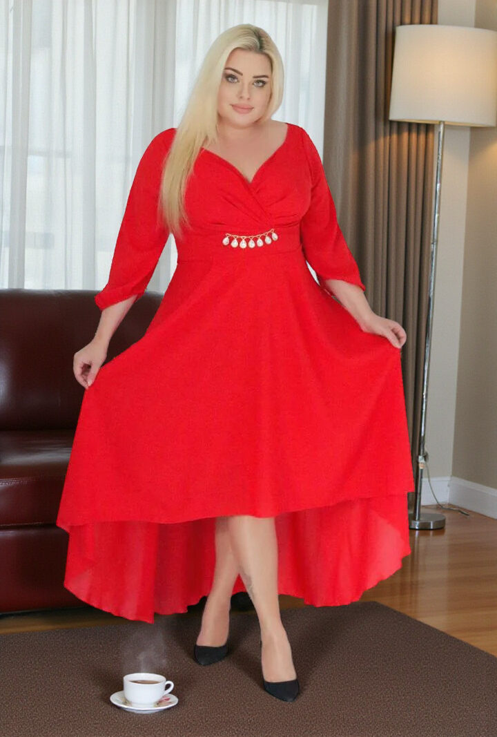 Sukienka Etna asymetryczna rozkloszowana kopertowy dekolt ozdoba szyfon czerwona