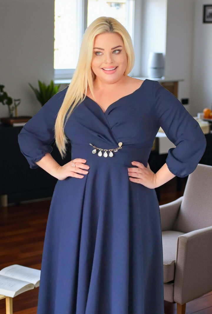 Sukienka Etna asymetryczna rozkloszowana kopertowy dekolt ozdoba szyfon granatowa