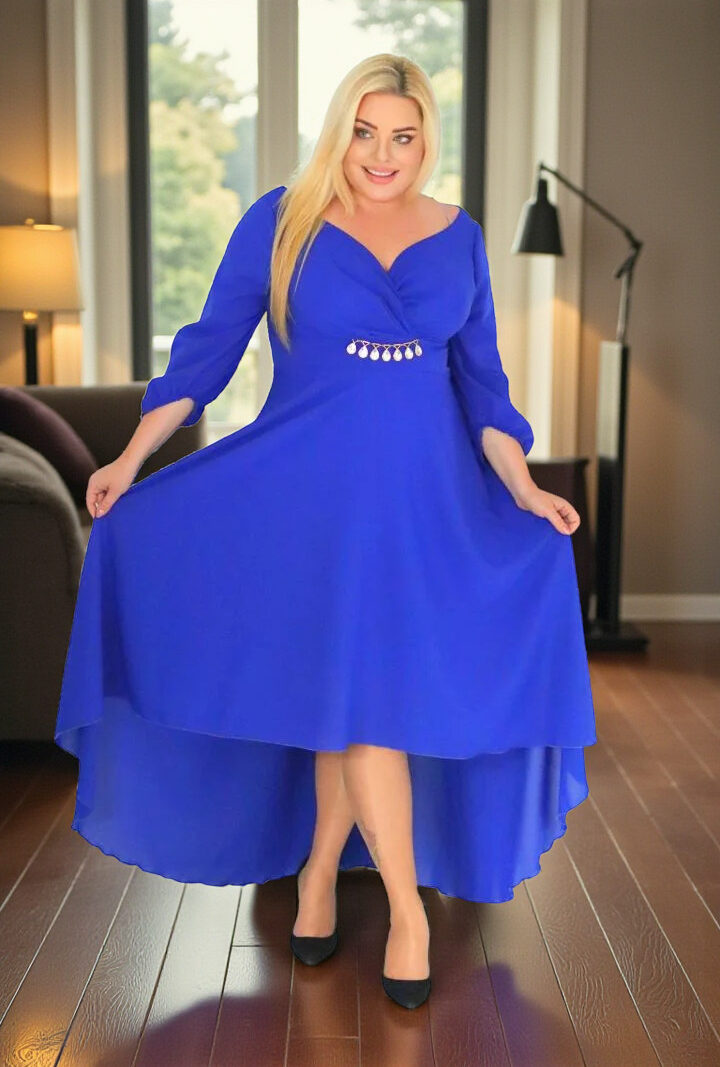 Sukienka Etna asymetryczna rozkloszowana kopertowy dekolt ozdoba szyfon chabrowa