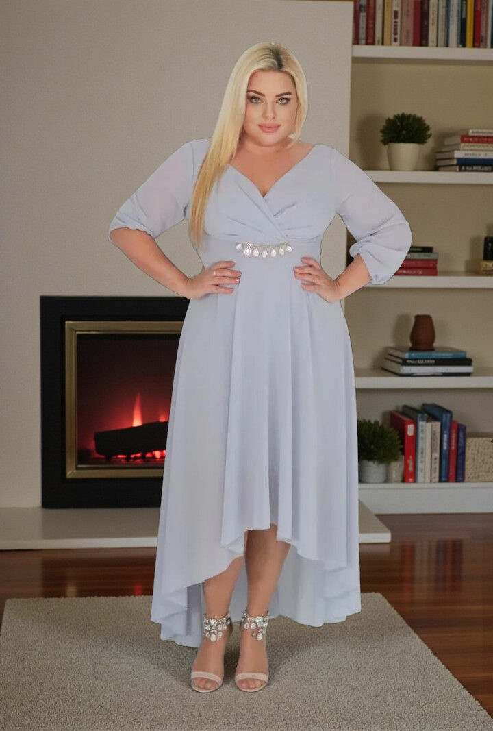 Sukienka Etna asymetryczna rozkloszowana kopertowy dekolt ozdoba szyfon popiel