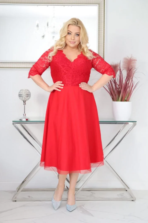 Sukienka Ariana rozkloszowana elastyczna koronka koło z tiulu czerwona