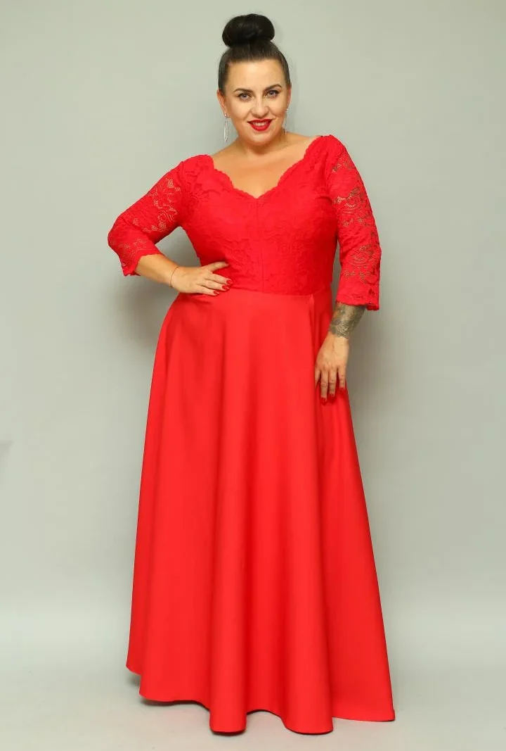 Sukienka Caterina maxi wieczorowa rozkloszowana ekskluzywna dekolt serek czerwona koronka kwiatki