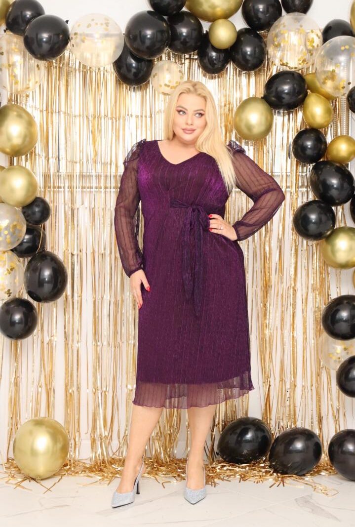 Sukienka Bonita tiulowa z lekkim połyskiem midi wiązana w pasie fioletowa