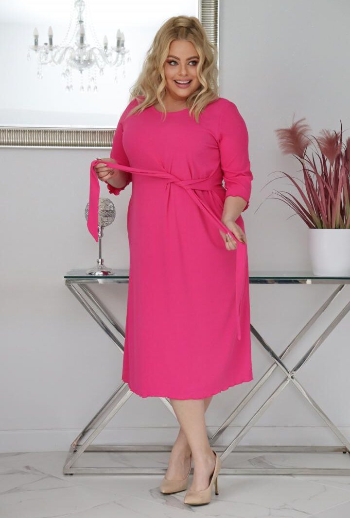 Sukienka Natasza rozkloszowana midi dzianina wiązana w pasie amarantowa