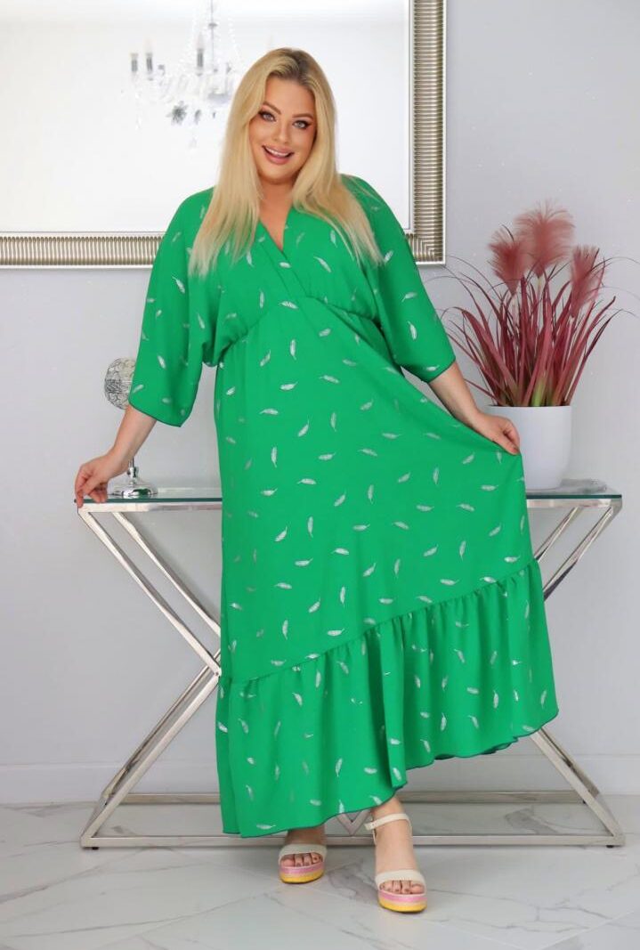 Sukienka kimono Rita wygodna i szykowna wiskoza piórka zielona